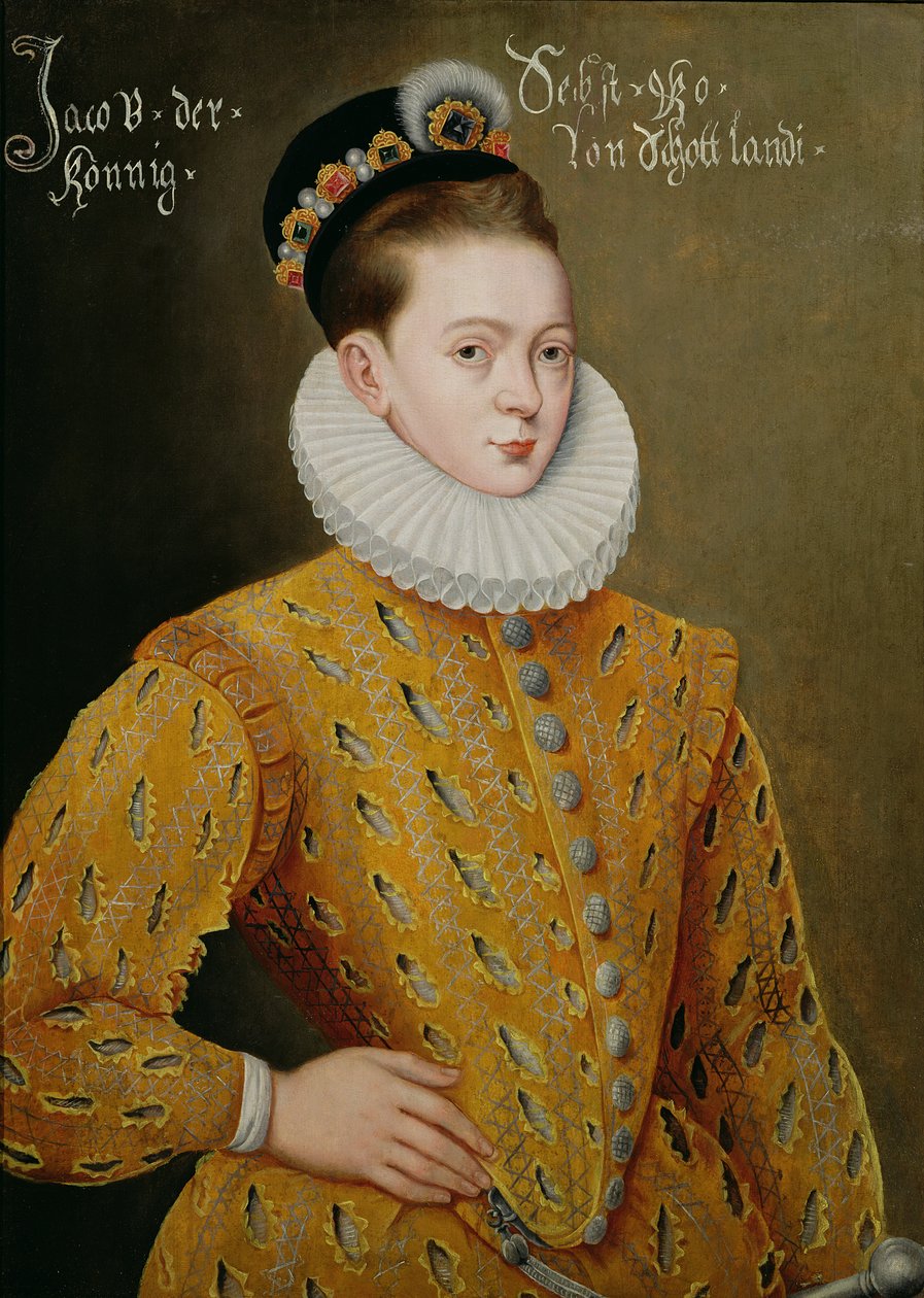 Retrato de James I da Inglaterra e James VI da Escócia (1566-1625), supostamente o retrato do casamento enviado à corte dinamarquesa para seduzir Anne, sua futura esposa de Adrian Vanson
