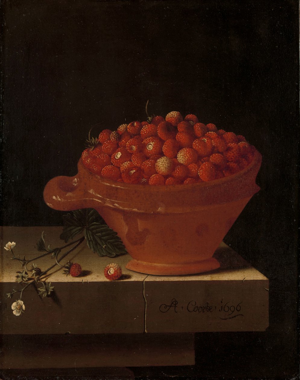 Uma tigela de morangos em um plinto de pedra, 1696 de Adrian Coorte