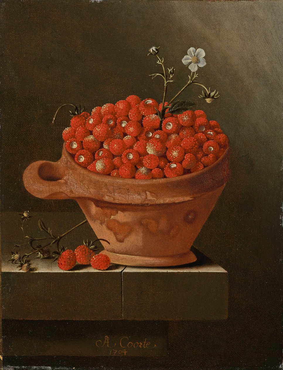 Natureza morta com morangos em uma panela de barro, 1704 de Adrian Coorte