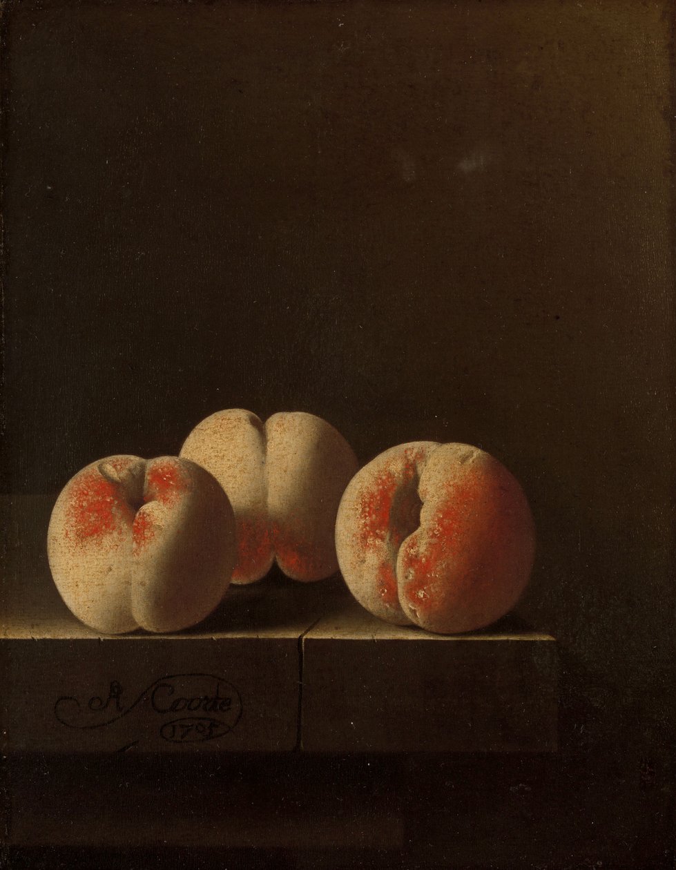 Três pêssegos em um plinto de pedra, 1705 de Adrian Coorte