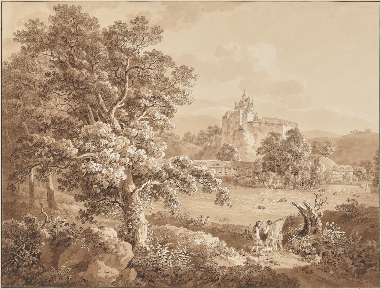Pescadores no rio Zschopau junto ao castelo de Kriebstein, Saxónia de Adrian Zingg