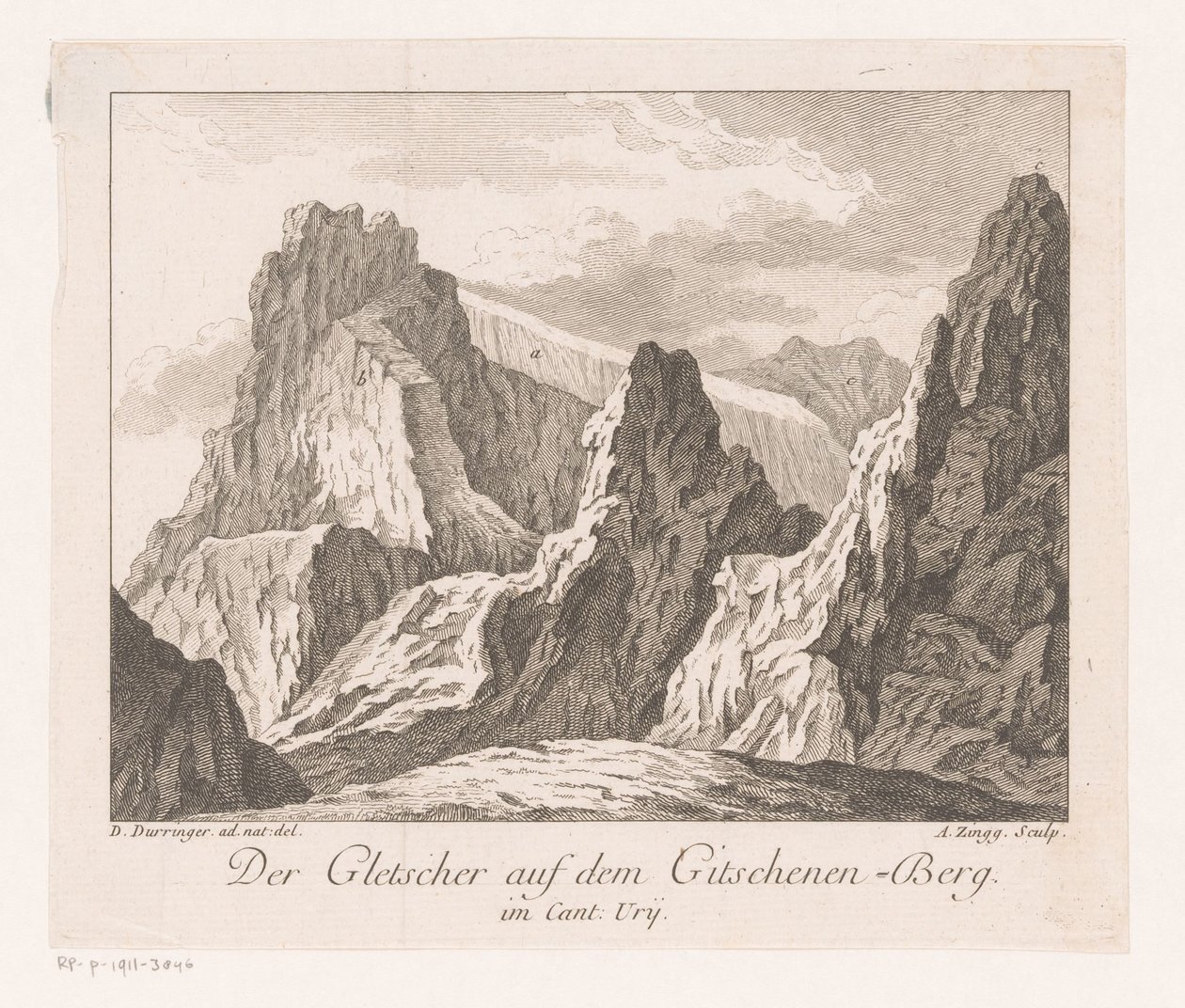 Vista de uma geleira nos Alpes Der Gletscher auf dem Gitschenen-Berg (título no objeto) de Adrian Zingg