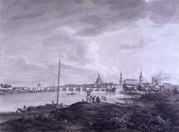 Vista de Dresden, c.1788 (tinta e lavagem sobre grafite em papel) de Adrian Zingg