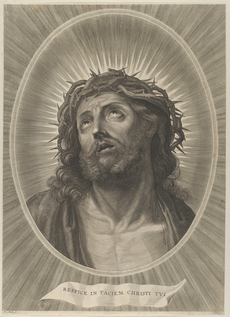 Cabeça de Cristo olhando para cima com coroa de espinhos, em moldura oval, depois de Reni, ca. 1..., aprox. 1653-67. de Adrian van Melar