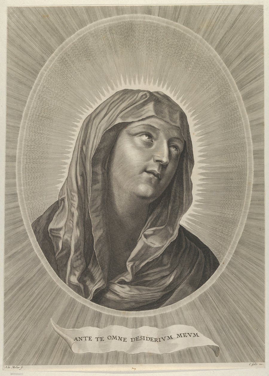 A cabeça da Virgem olhando para a direita, em moldura oval, depois de Reni, ca. 1..., aprox. 1650-67. de Adrian van Melar