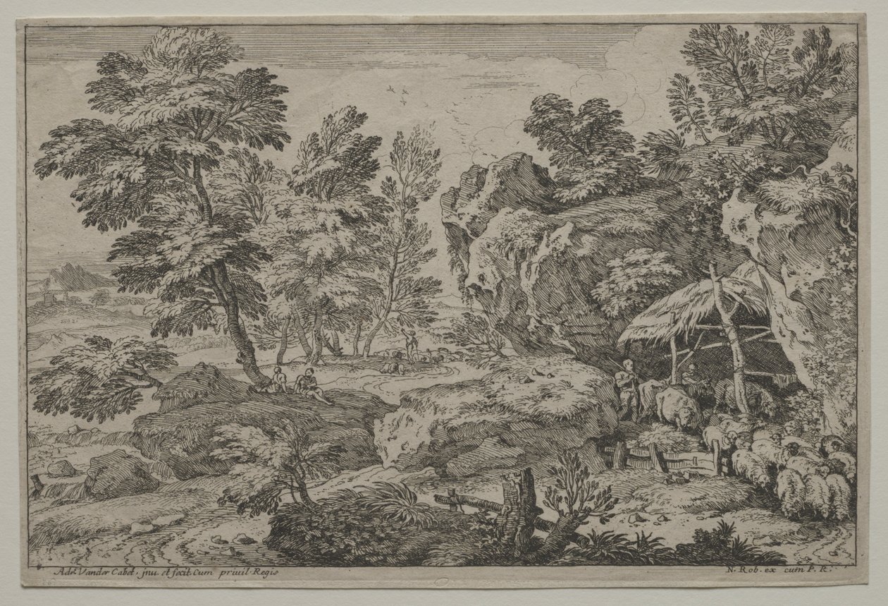 Paisagem com pastores e dois rebanhos de Adrian van der Cabel
