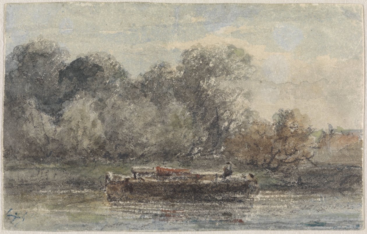 Barco com mastro rebaixado deitado em terra de Adrianus Eversen