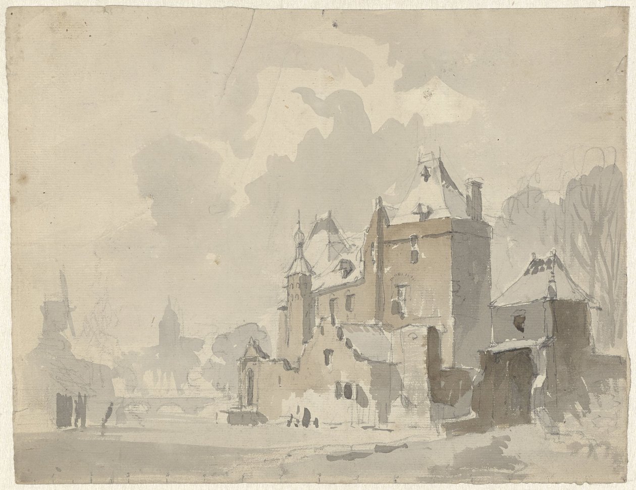 Vista de um castelo imaginado(?) perto de uma cidade de Adrianus Eversen