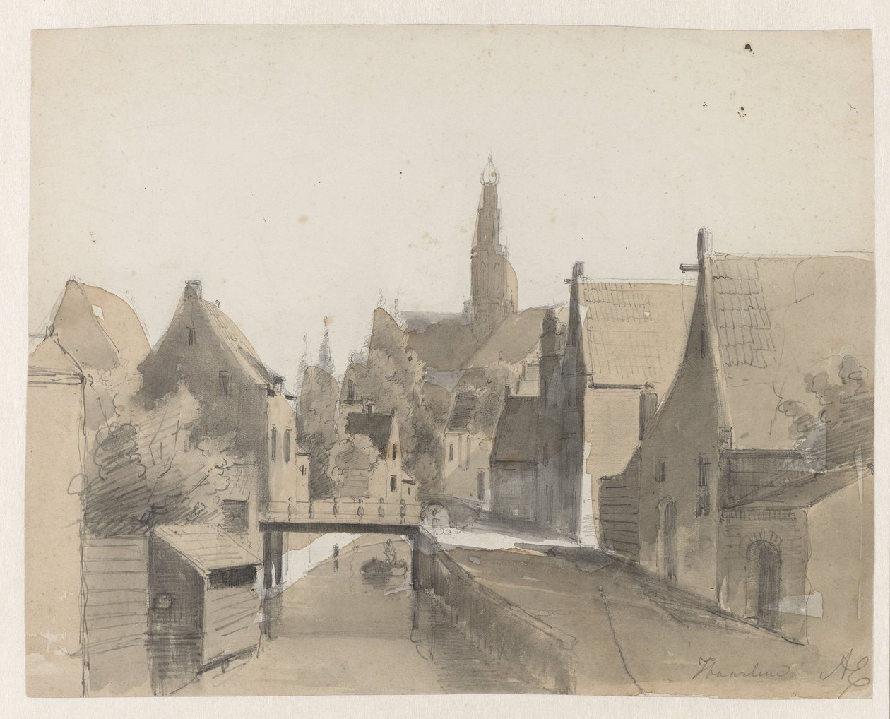 Vista de um canal em Haarlem, ao fundo St. Bavo Haarlem (título no objeto) de Adrianus Eversen