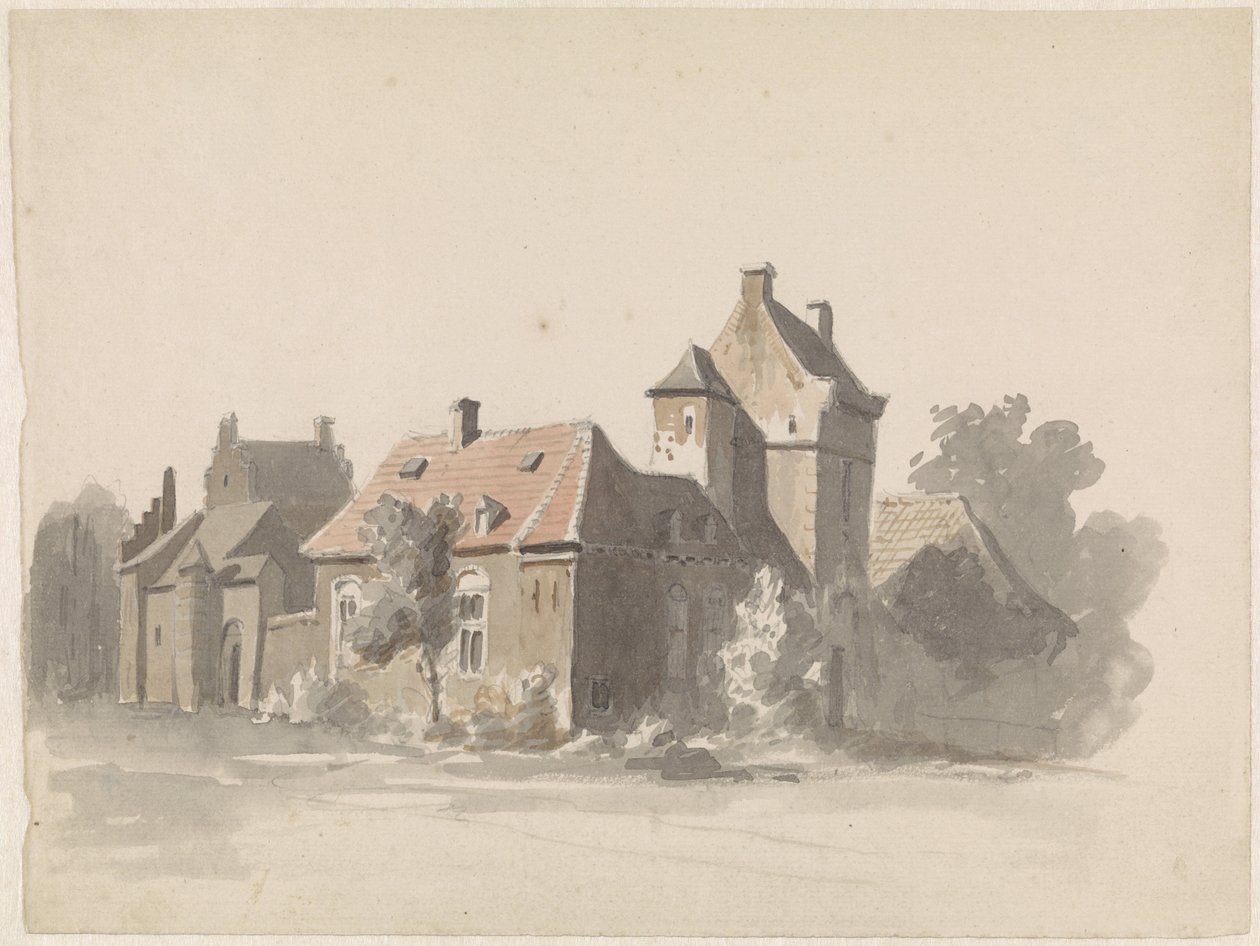 Vista de um conjunto de casas com portão da cidade(?) de Adrianus Eversen