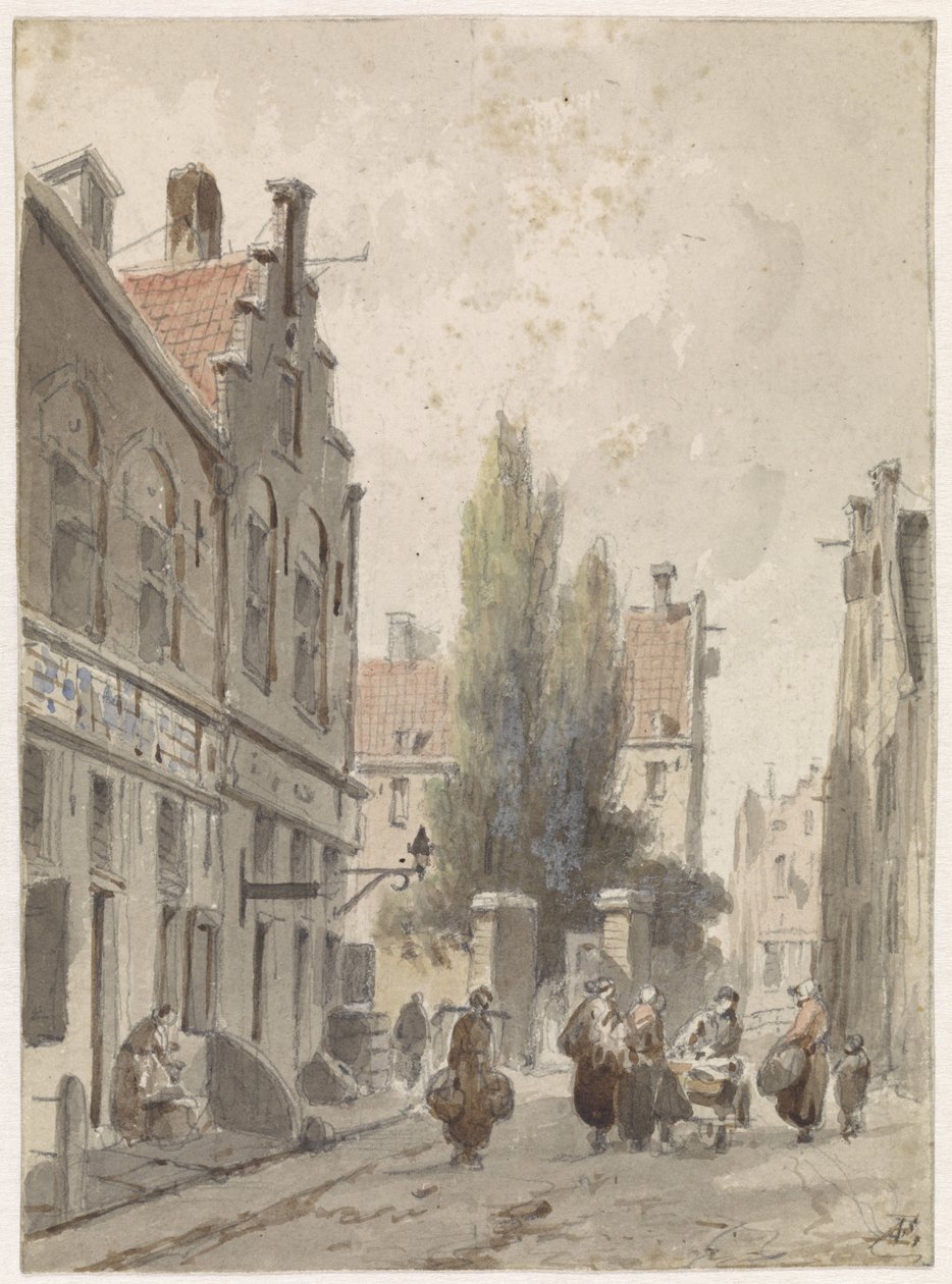 Arquitetura da cidade com um mascate de Adrianus Eversen