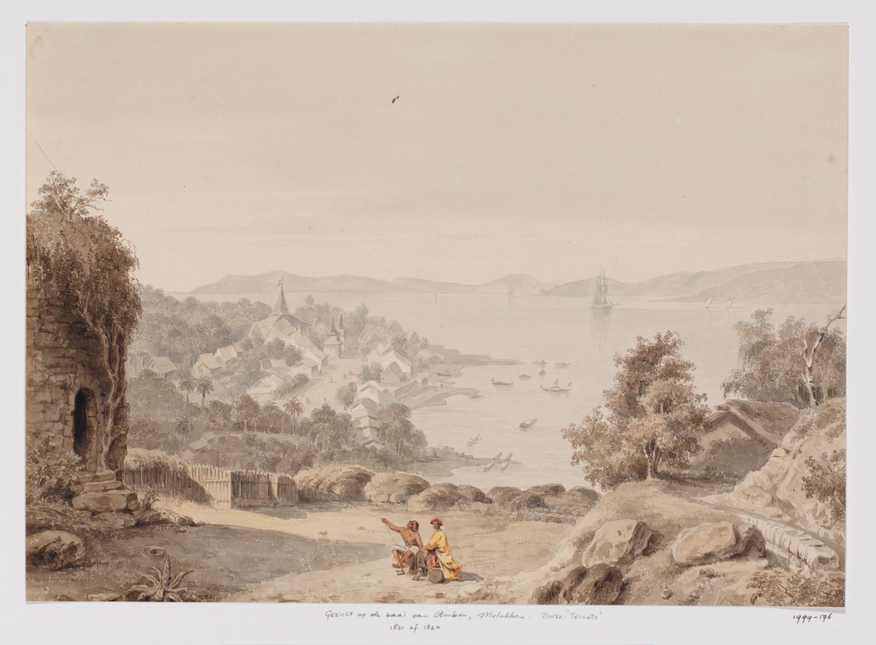 Vista de Ternate e das estradas de Ternate, costa oeste de Halmahera, Molucas do Norte de Adrianus Johannes Bik