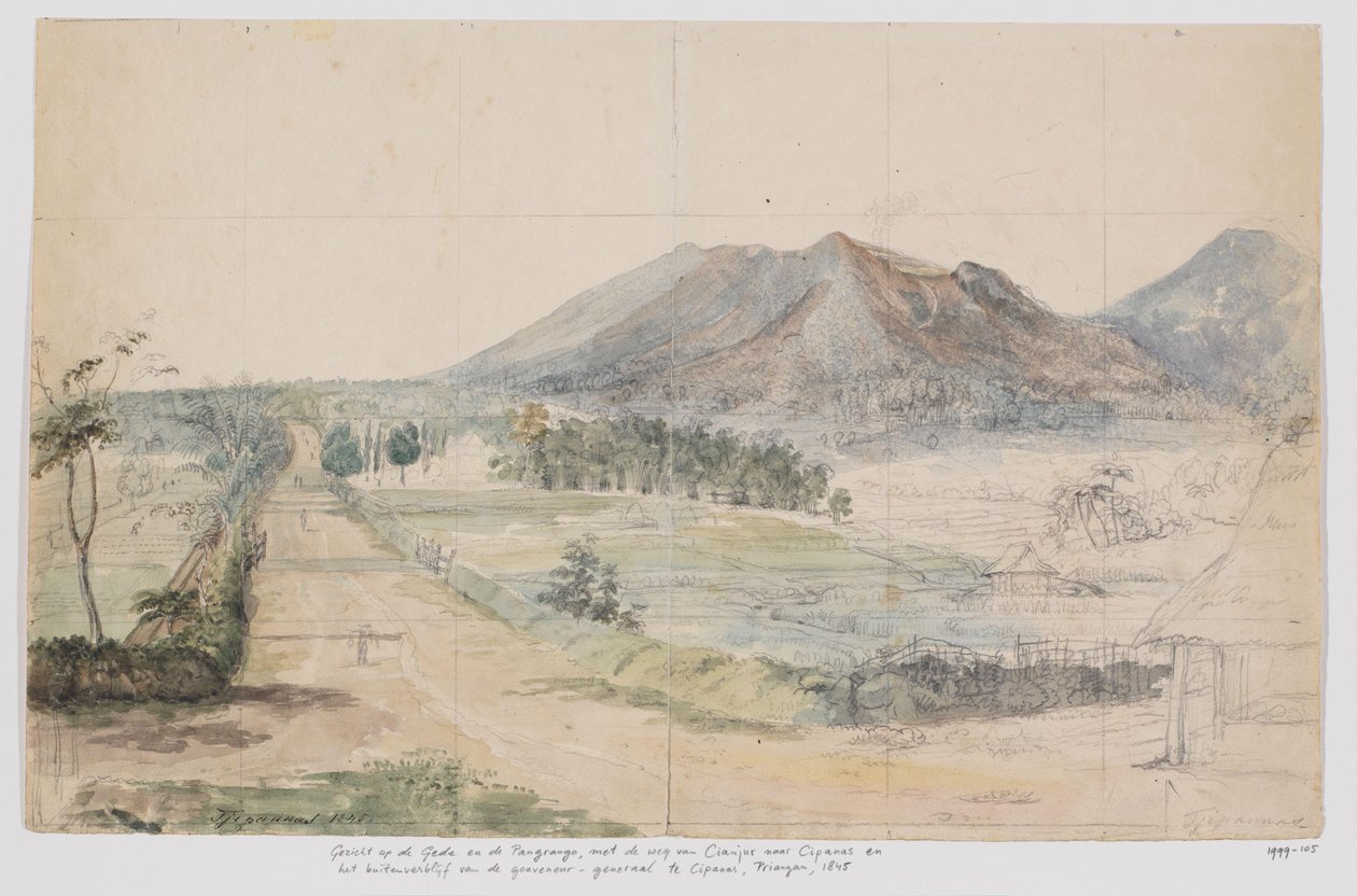 Vista dos vulcões Gedé e Pangrango, estrada Cianjur-Cipanas e residência do governador-geral em Cipanas, Priangan, Java Ocidental de Adrianus Johannes Bik