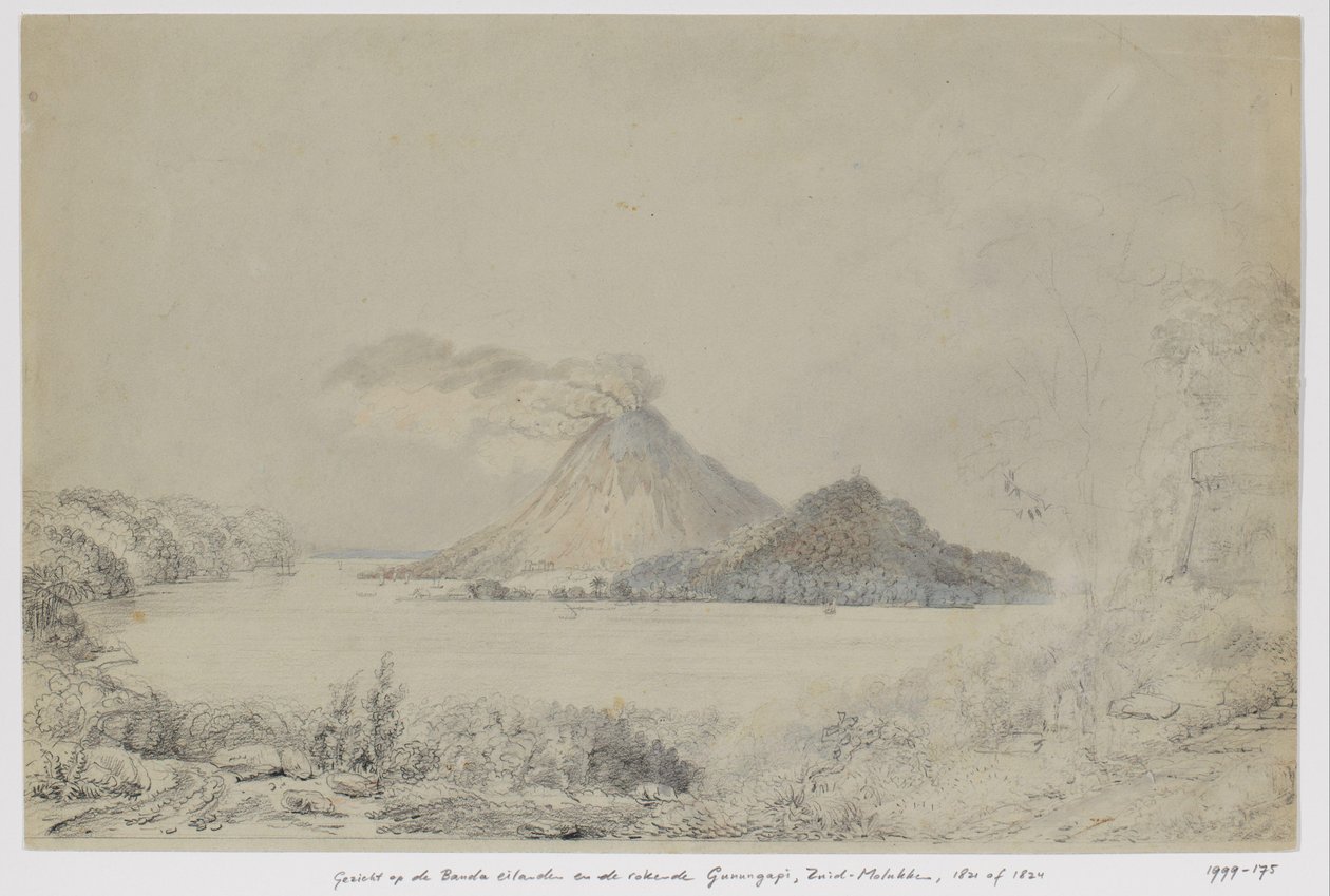 Vista de Lontar em Banda Neira e Gunungapi fumando, Ilhas Banda, Maluku Central de Adrianus Johannes Bik