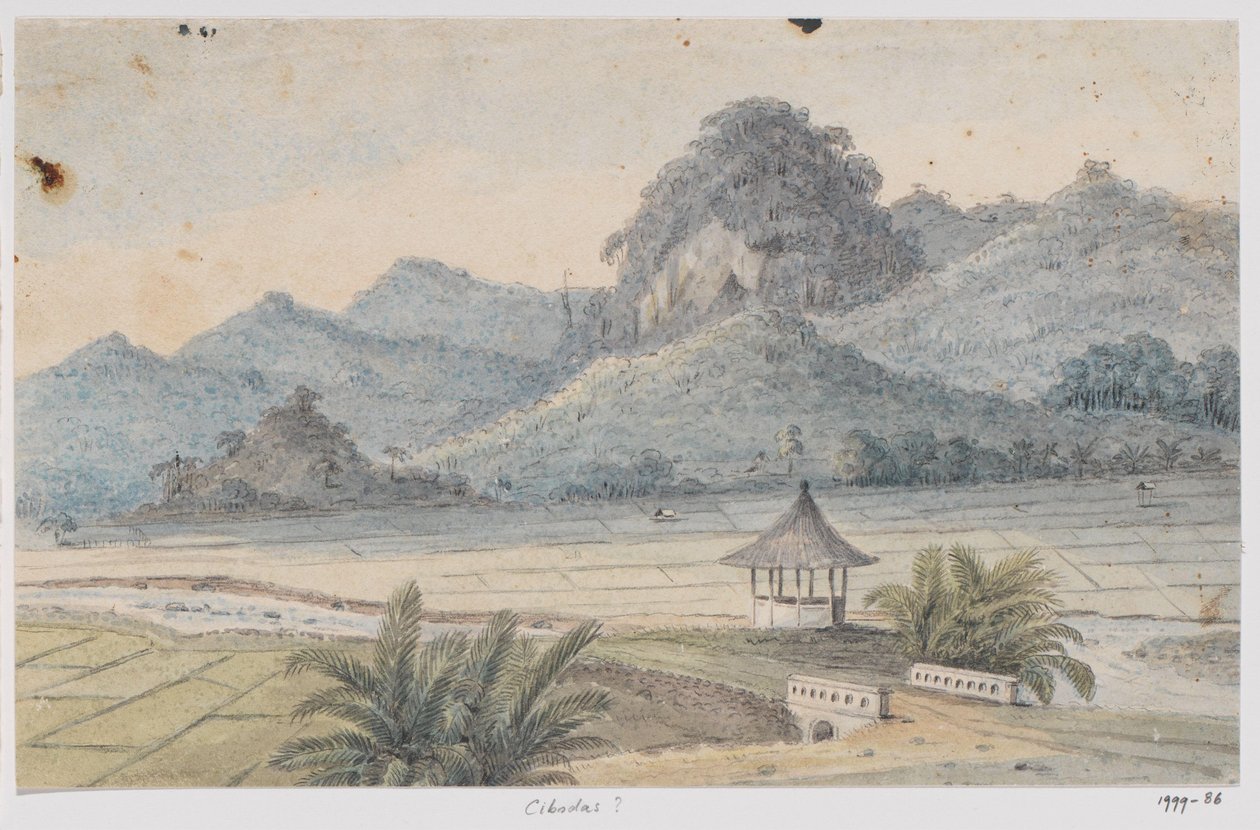 Paisagem em Cibodas com ponte e pavilhão, Java Ocidental de Adrianus Johannes Bik