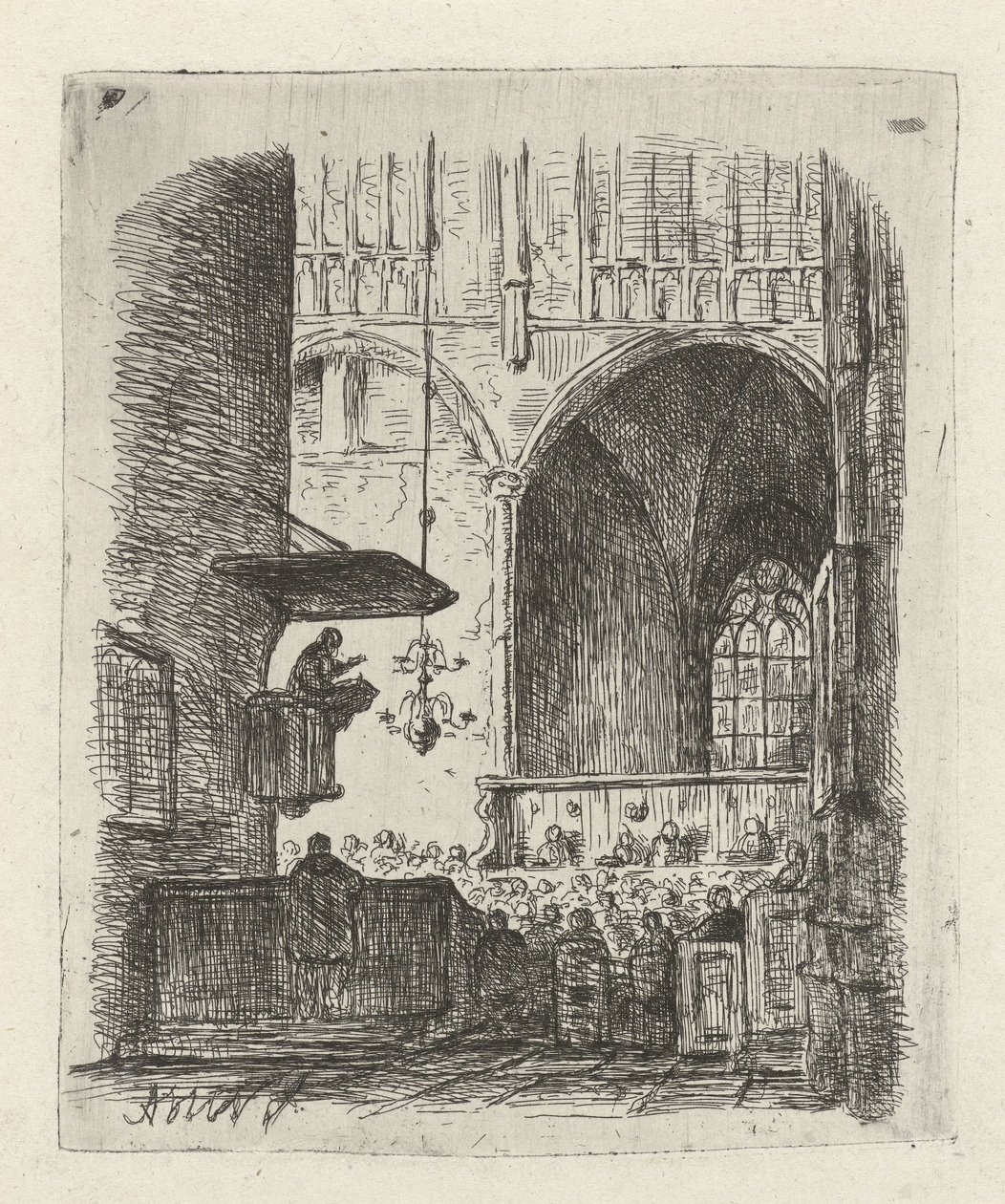 Interior da igreja com serviço de igreja de Adrianus Wilhelmus Nieuwenhuyzen