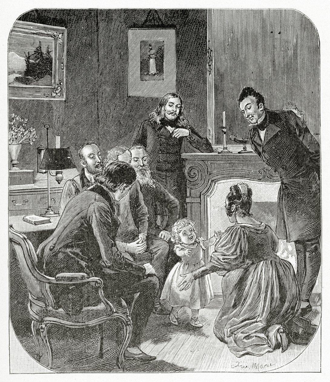 Ilustração de folhas de outono, século XIX (gravura bw) de Adrien Emmanuel Marie