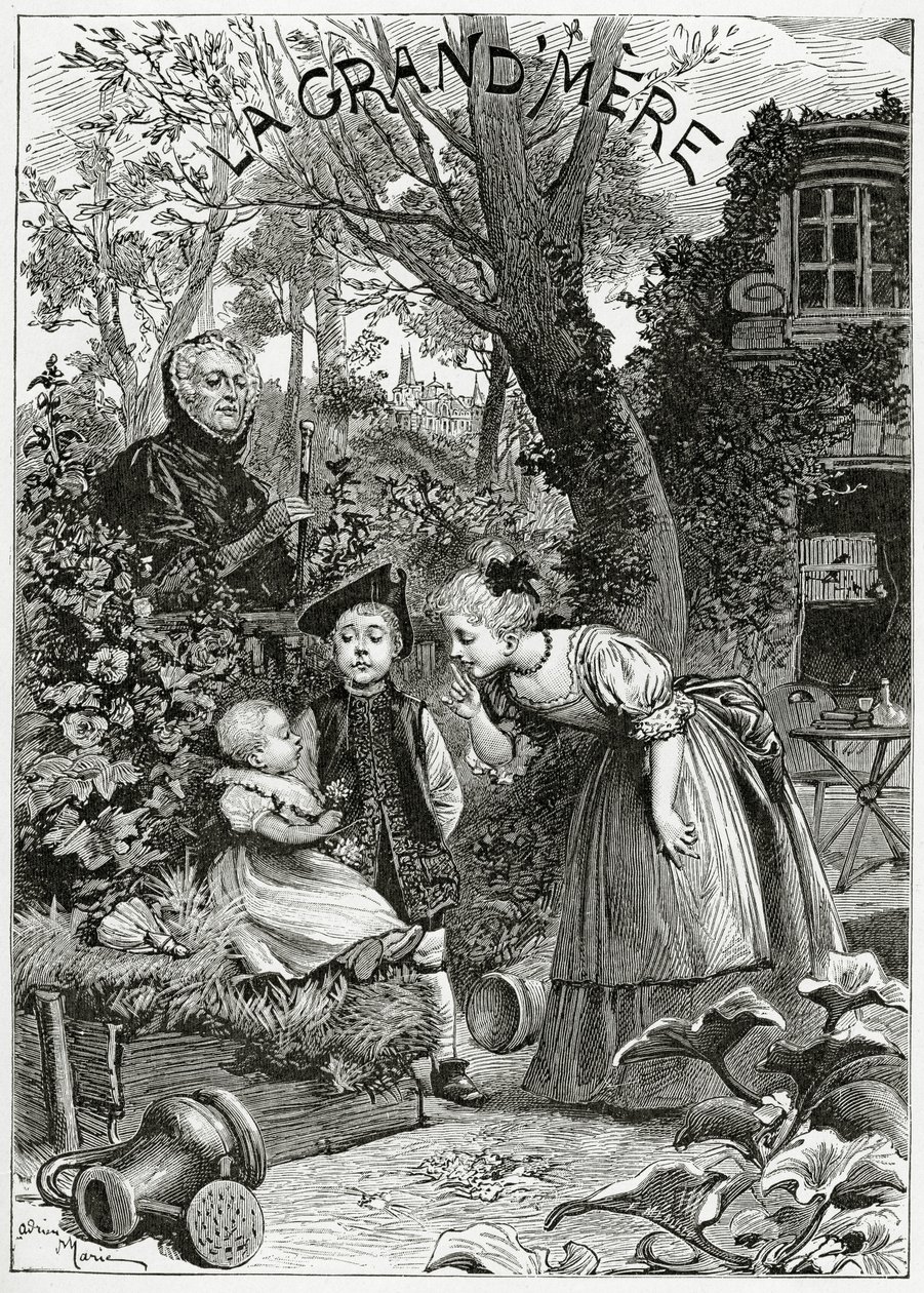 A avó, do século XIX (gravura bw) de Adrien Emmanuel Marie