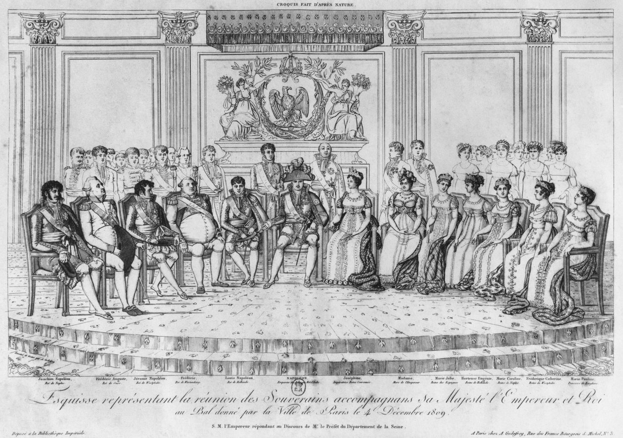 Esboço representando Napoleão I e os soberanos no baile dado pela cidade de Paris em 4 de dezembro de 1809 de Adrien Pierre Francois Godefroy