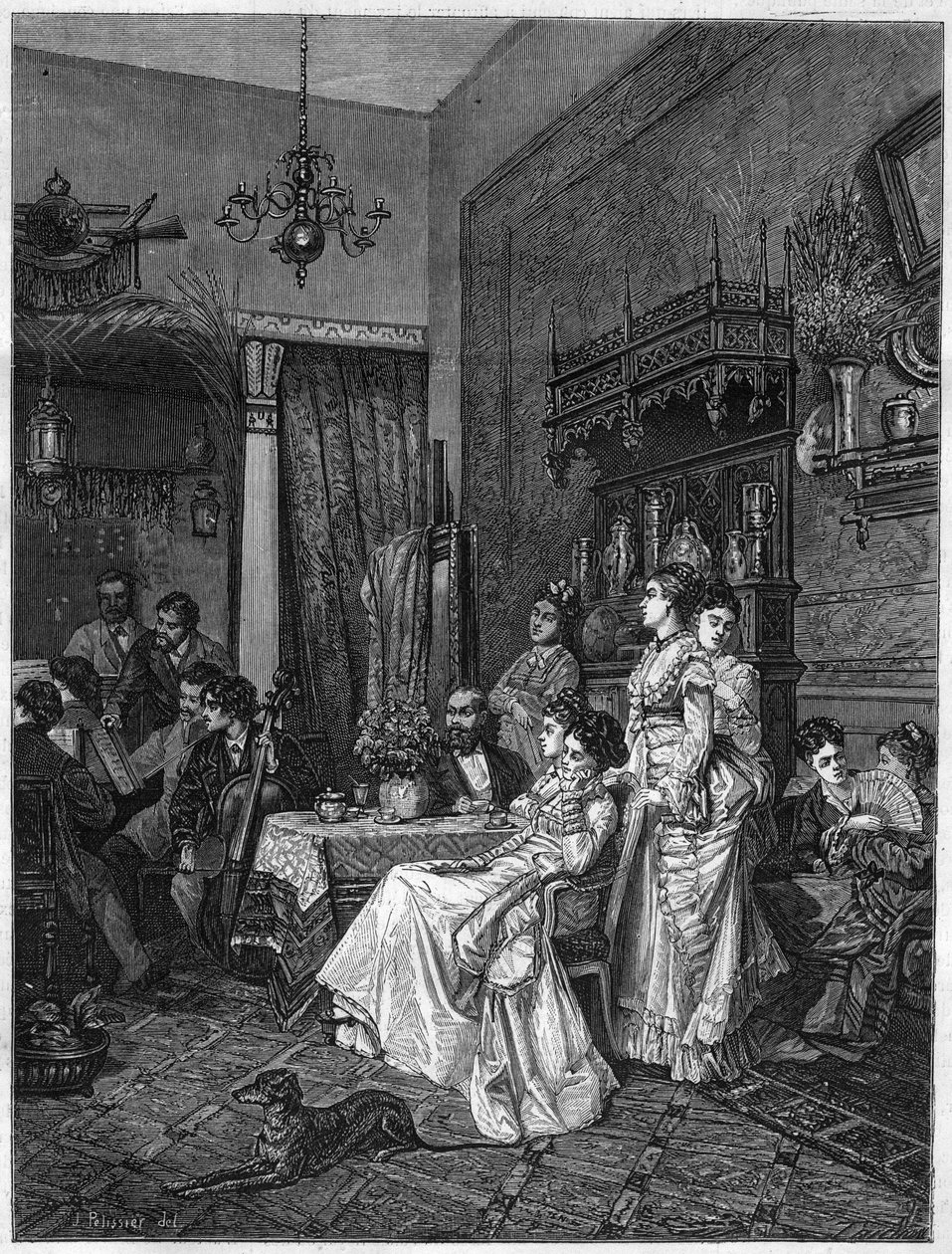 Concerto de amadores num estúdio de artistas. Gravura após a pintura de Adrien Moreau (1843-1906) em "The Illustrous Universe". de Adrien (after) Moreau