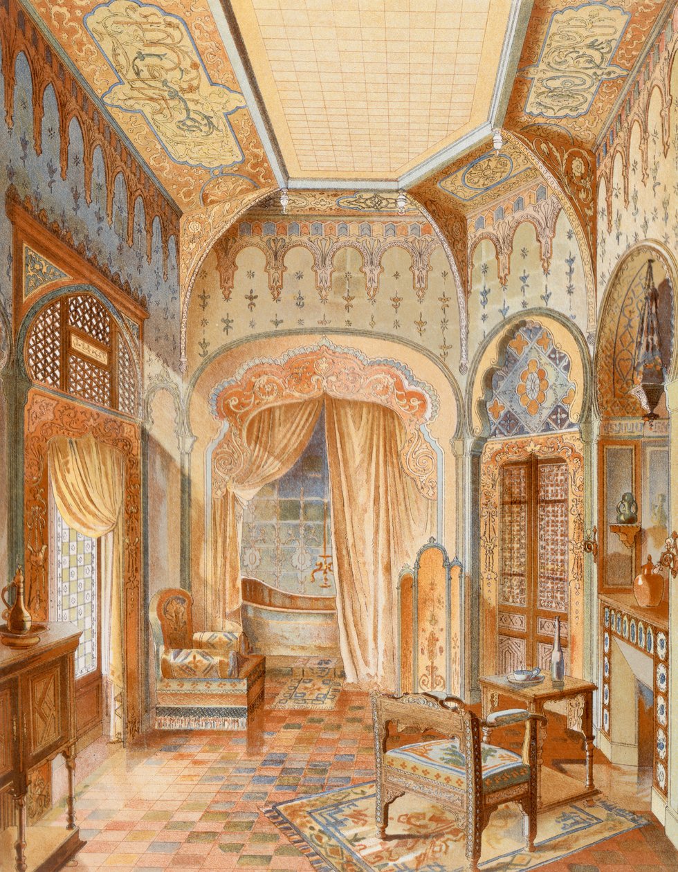 Um interior de banheiro em estilo mourisco, ilustração de 