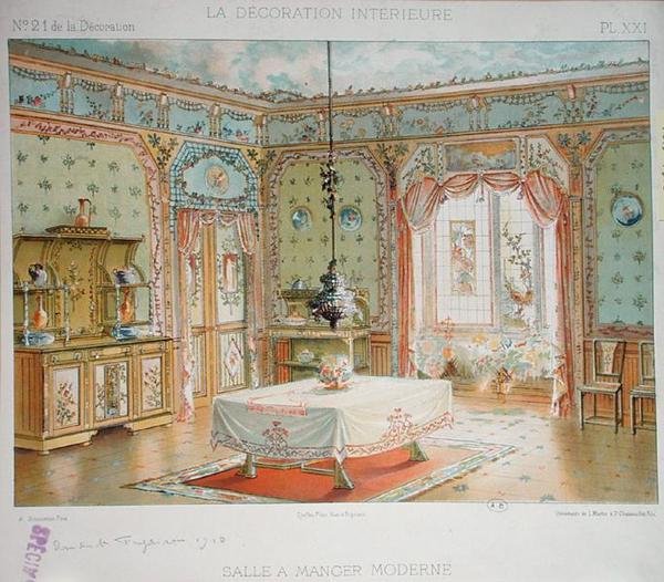 Sala de jantar moderna, c.1905 (lito a cores) de Adrien (after) Simoneton