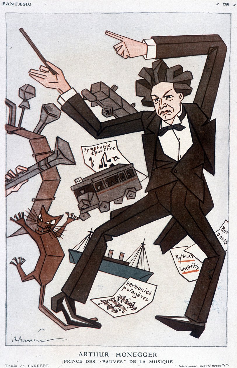 Desenho animado por Arthur Honegger "Prince of the Fauves of Music", compositor suíço (1892-1955) - por Barrère, em "Fantasio" de 01/01/1930 de Adrien Barrere