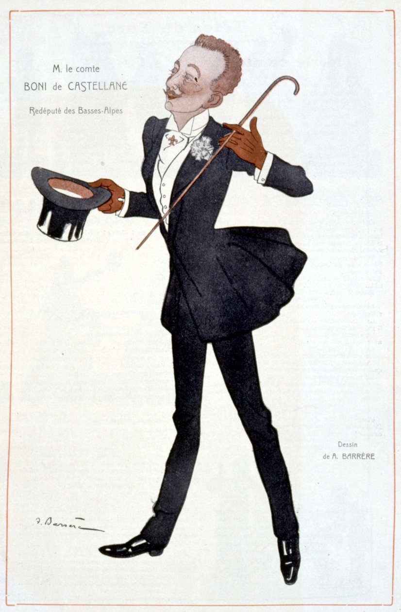 Desenho animado pelo Conde Boni de Castellane - Ilustração de Adrien Barrere (1877-1931) em "Fantasio". de Adrien Barrere
