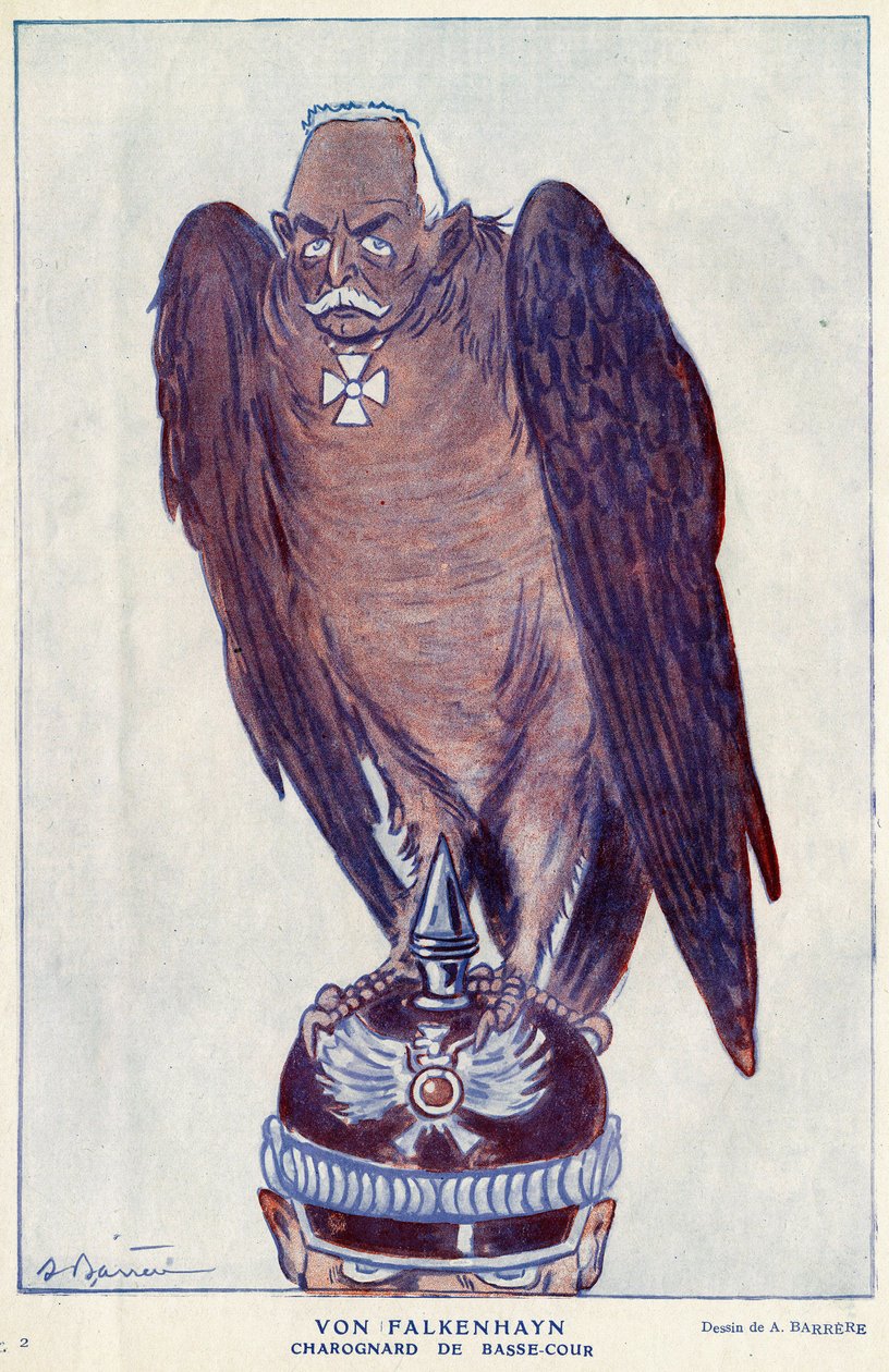 Desenho animado pelo general alemão Erich von Falkenhayn (1861-1922) (Tribunal Inferior Charognard) em "Fantasio" 1916 - Ilustração de Adrien Barrere (1877-1931) de Adrien Barrere