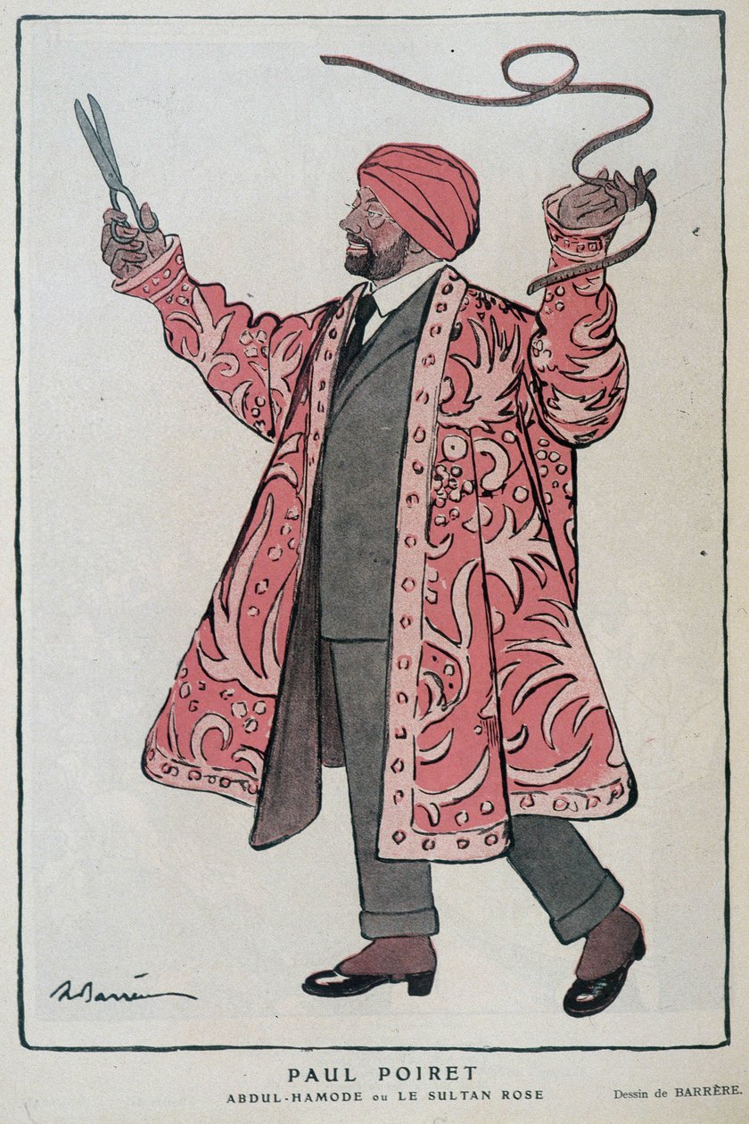 Desenho animado de Paul Poiret, designer francês (1879-1944) em "Abdul-Hamode ou Le Sultan Rose" - Ilustração de Adrien Barrere (1877-1931) Em Fantasio, o 01/12/1919 de Adrien Barrere