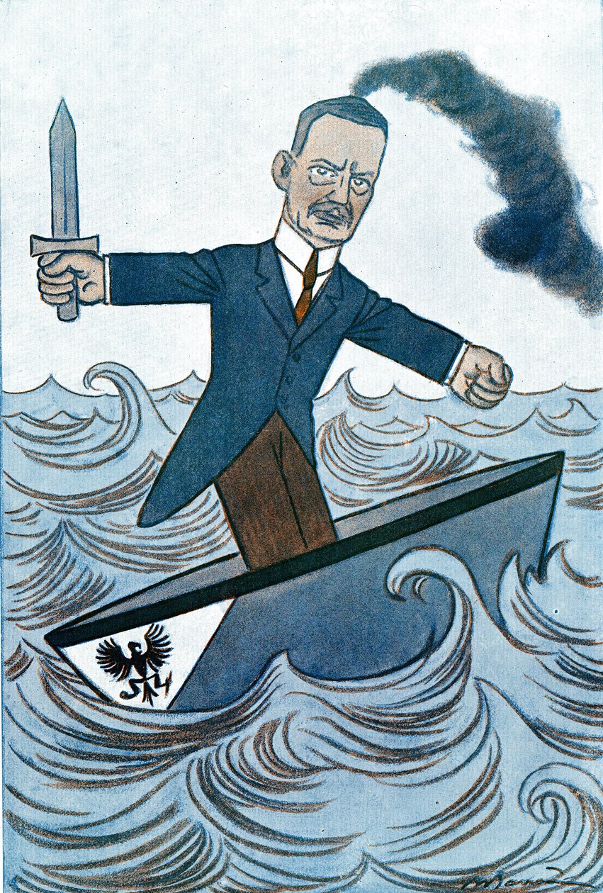 Cartoon de Wilhelm Cuno (1876-1933), político alemão responsável pelos assuntos marítimos. Desenho de Adrien Barrere (1877-1931) de Fantasio de Adrien Barrere