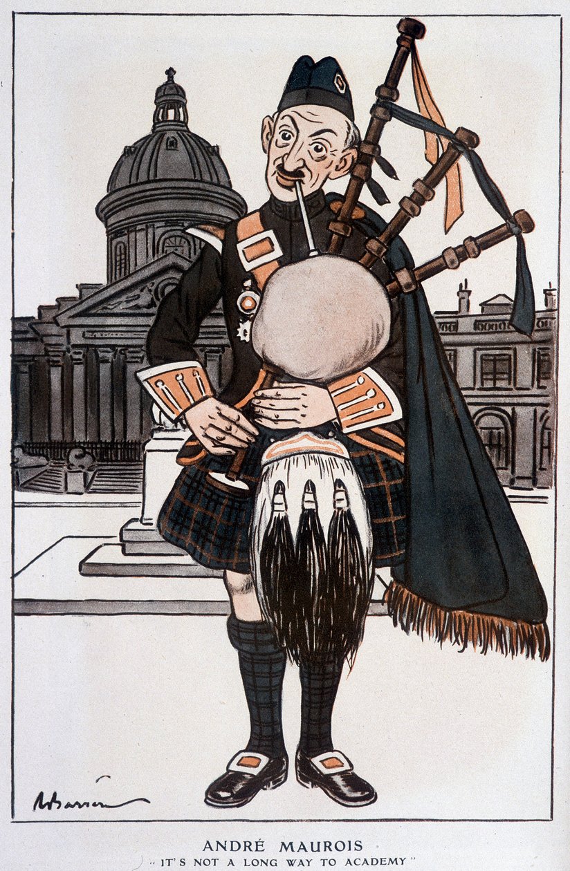 Cartoon in Academician de André Maurois (pseudônimo de Emile Herzog), romancista, ensaísta e historiador francês (1885-1967) - por Barrère, em "Fantasio" de 15/04/1929 de Adrien Barrere