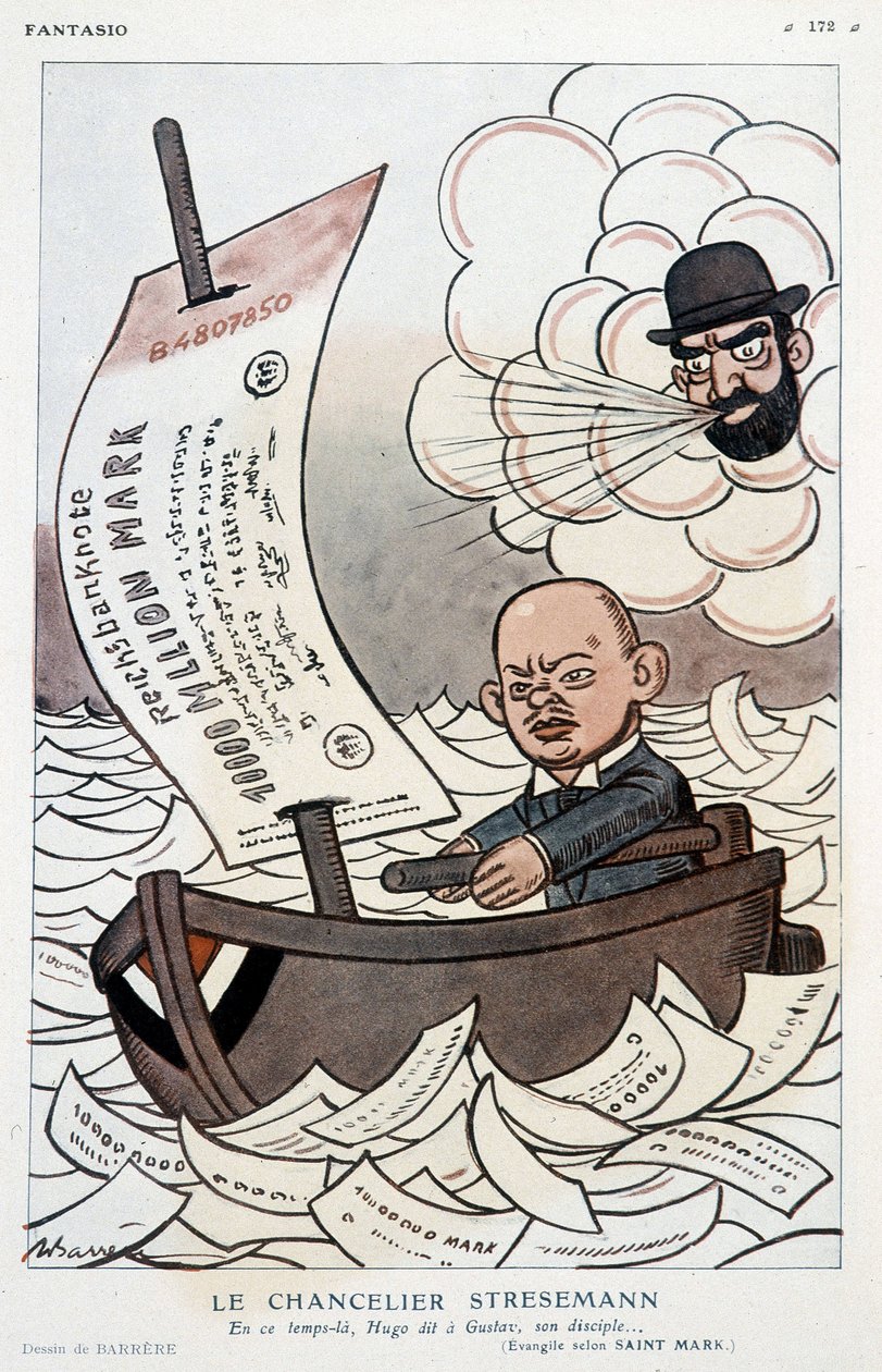 Desenho animado sobre o Chanceler alemão Gustav Stresemann (1878-1929) e a Desvalorização da Marca - Ilustração de Adrien Barrere (1877-1931) em "Fantasio" de 01/11/1923 de Adrien Barrere