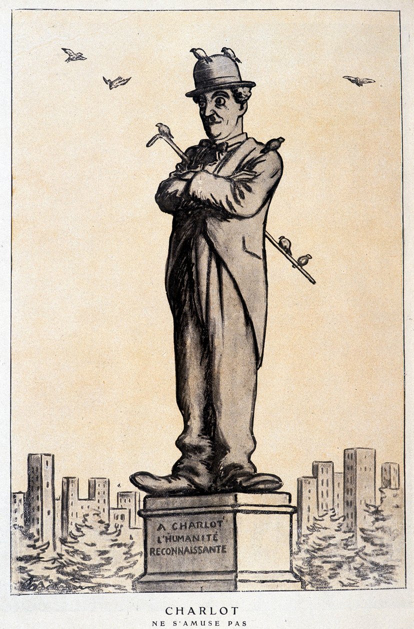 Charlot em estátua com escrita no plinto: "A Charlot, the grateful humanity" ("Charlot ne s