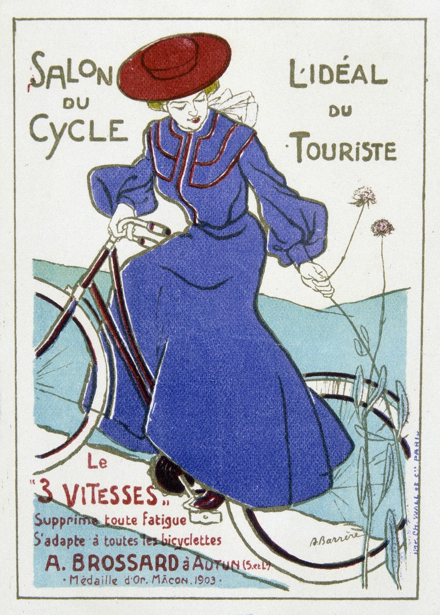 Feira do ciclo, o ideal do turismo. Publicidade das bicicletas de A. Brossard, medalha de ouro em Macon, em 1903. Ilustração da Barrere datada do início do século XX. de Adrien Barrere