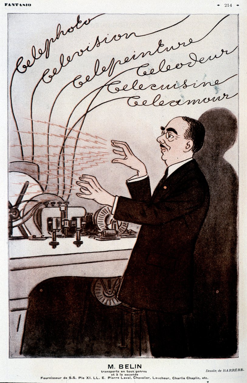 Imagem humorística sobre Belin e seu belinógrafo - por Barrère, em "Fantasio" de 01/12/1931 de Adrien Barrere