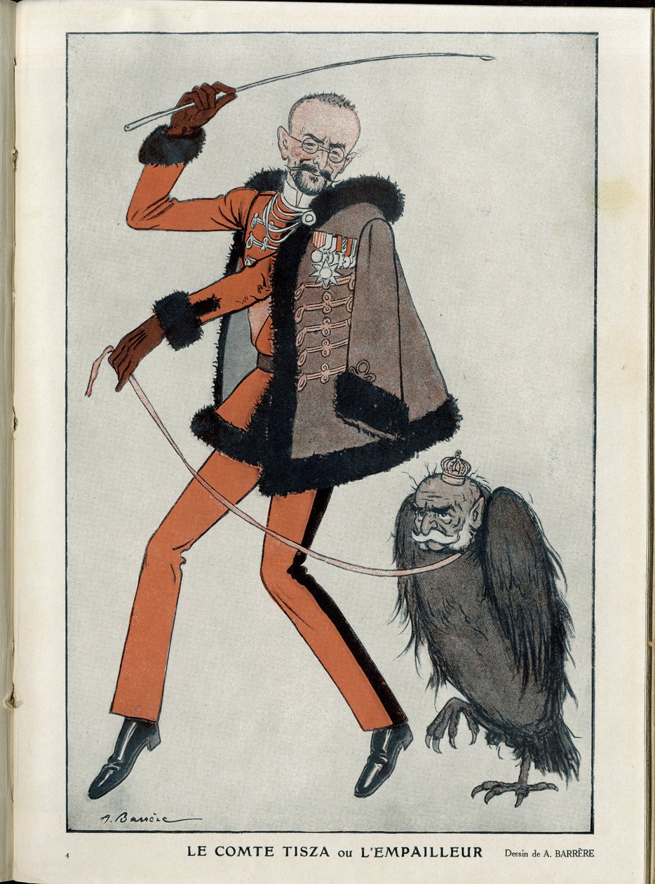 Ilustração de A Barrere (1874-1931) em "Fantasio", 01/04/15 - Conde Tisza ou o empalhador - Guerra de 14-18, Áustria, Hungria - Águia, François-Joseph 1º da Áustria, Tisza Istvan - Animalização de Adrien Barrere