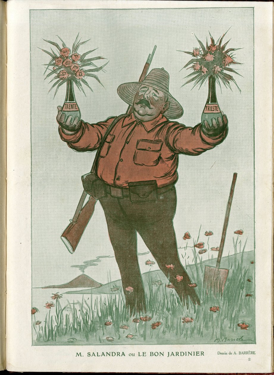 Ilustração de A Barrere (1874-1931) em "Fantasio", 01/06/15 - Sr. Salandra ou o Bom Jardineiro - Guerra de 14 -18, Itália, Vinho, Neutralidade, Flores, Erupções vulcânicas, Presidente do Conselho, Trieste - Salandra Antonio de Adrien Barrere
