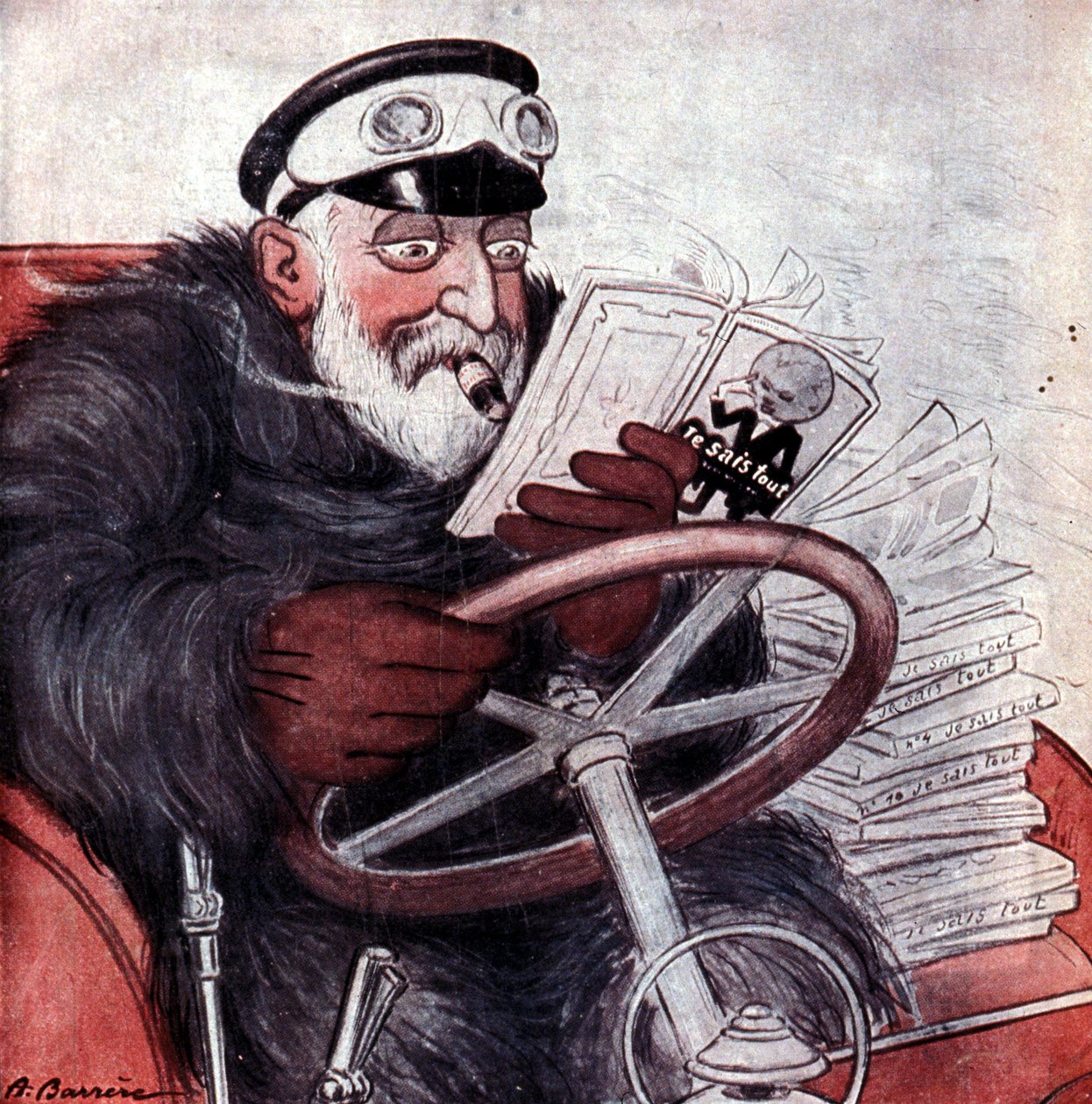 Retrato do Rei Eduardo VII de Inglaterra (1841 - 1910) dirigindo seu carro. Desenho de A. Barrère. "Eu sei tudo." de Adrien Barrere