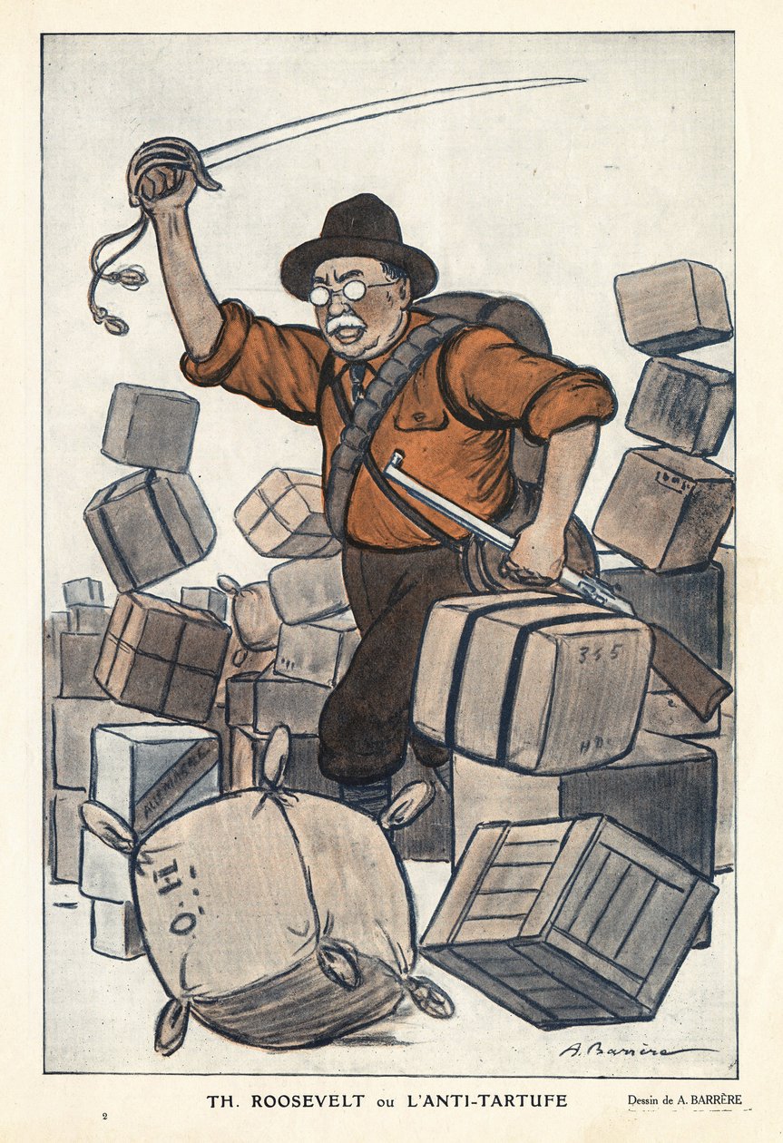 Retrato de Theodore ROOSEVELT (1858-1919) ou o anti Tartufe (Tartufo) em "Fantasio" de 01/02/1913 - Ilustração de Adrien Barrere (1877-1931) de Adrien Barrere