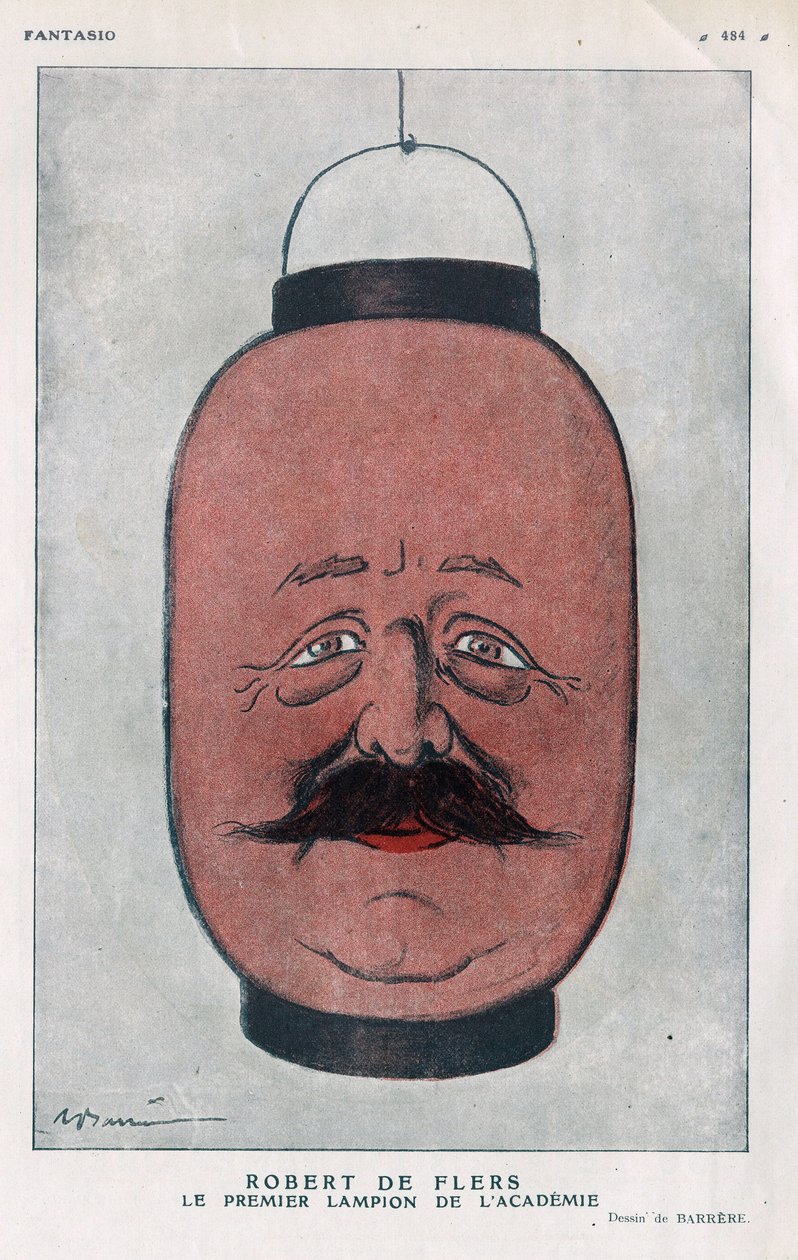 Robert Pelleve de La Motte-Ango (Motte Ango), Marquês de Flers, dramaturgo francês (1872-1927). (A primeira lanterna da academia). Desenho animado por Barrere em "Fantasio", de junho de 1921. de Adrien Barrere