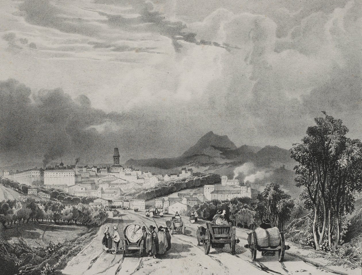 Vista geral de Riom, Auvergne, 1829. de Adrien Dauzats