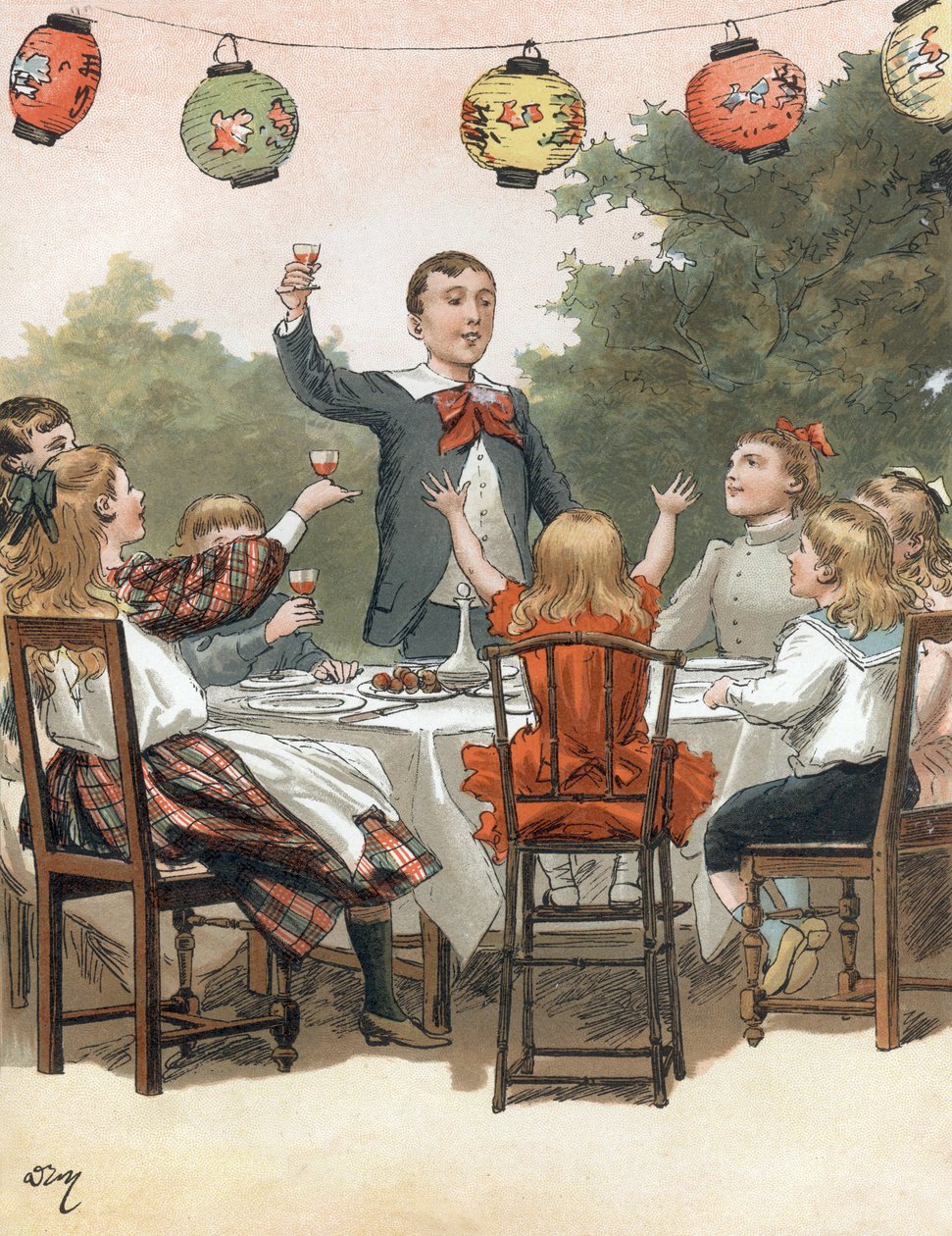 Um rapaz a discursar, crianças a tilintar copos, ilustração de Adrien Marie no livro Tout a la joie de Zari, Emile Guerin, publicação de 1890 de Adrien Emmanuel Marie