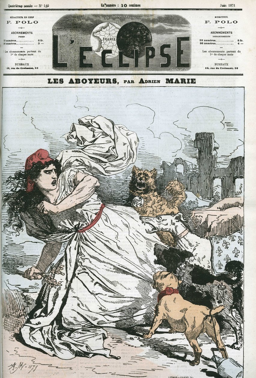 Ladrando, a República perseguida por cães realistas ou bonapartistas. Capa em "L