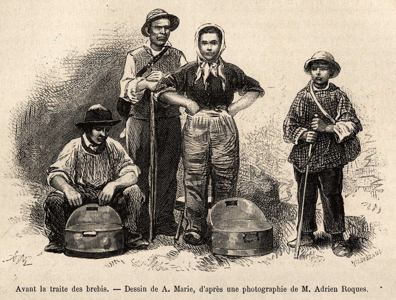 Antes do comércio de ovelhas, todo o pessoal da fazenda era empregado neste local, menino, criado, sob a supervisão do pastor, o leite era recolhido nas soleiras (vaso metálico etame), gravado após um desenho de A.Marie, ilustrando uma viagem a Roquefo de Adrien Emmanuel Marie