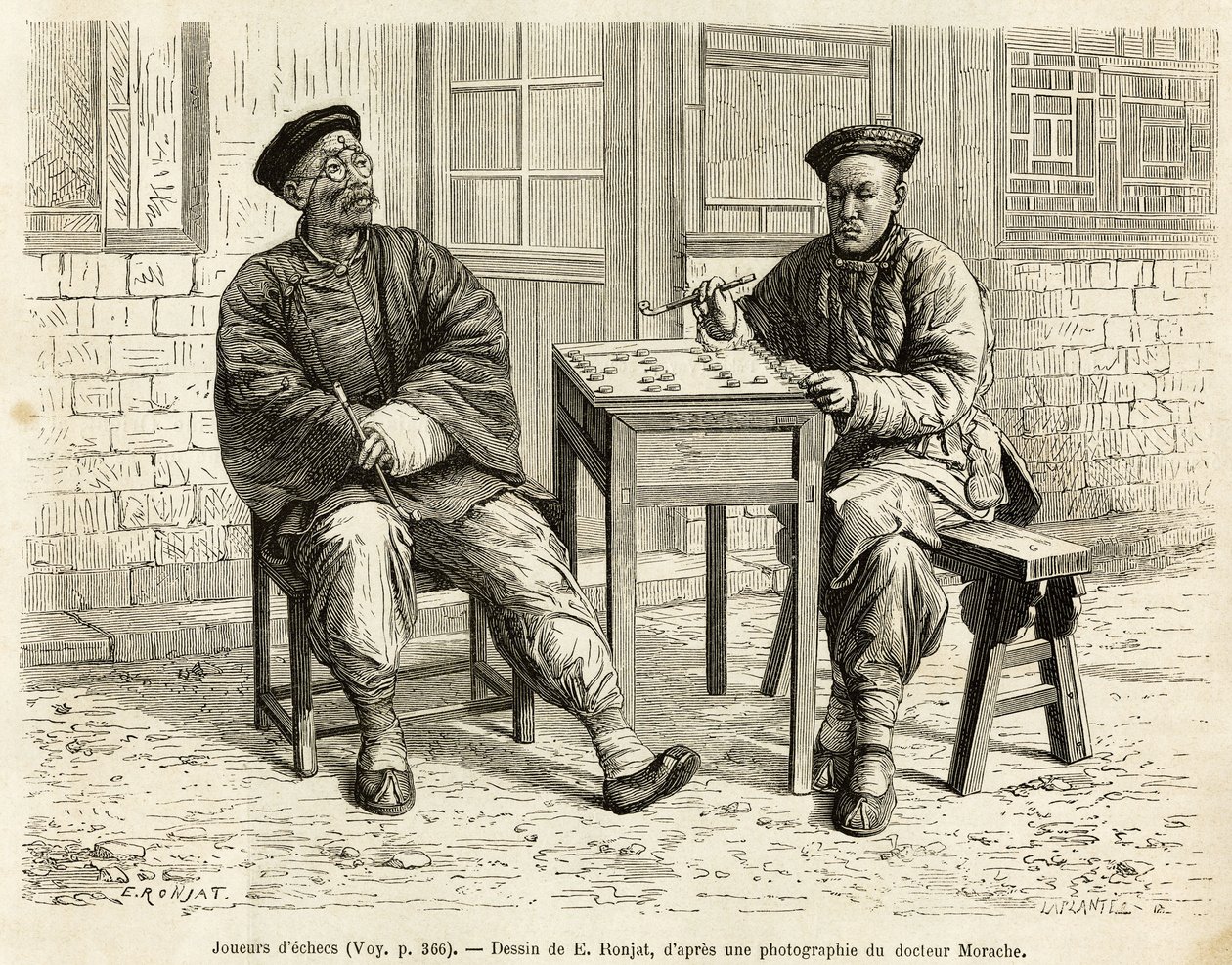 Jogadores de xadrez. Gravura depois do desenho de A.Marie, para ilustrar a viagem a Pekin e ao Norte da China, de T.Choutze, em 1873, publicado em "Le tour du monde" 1876, editado por Edouard Charton, edição Hachette, Paris. Coleção Selva. de Adrien Emmanuel Marie