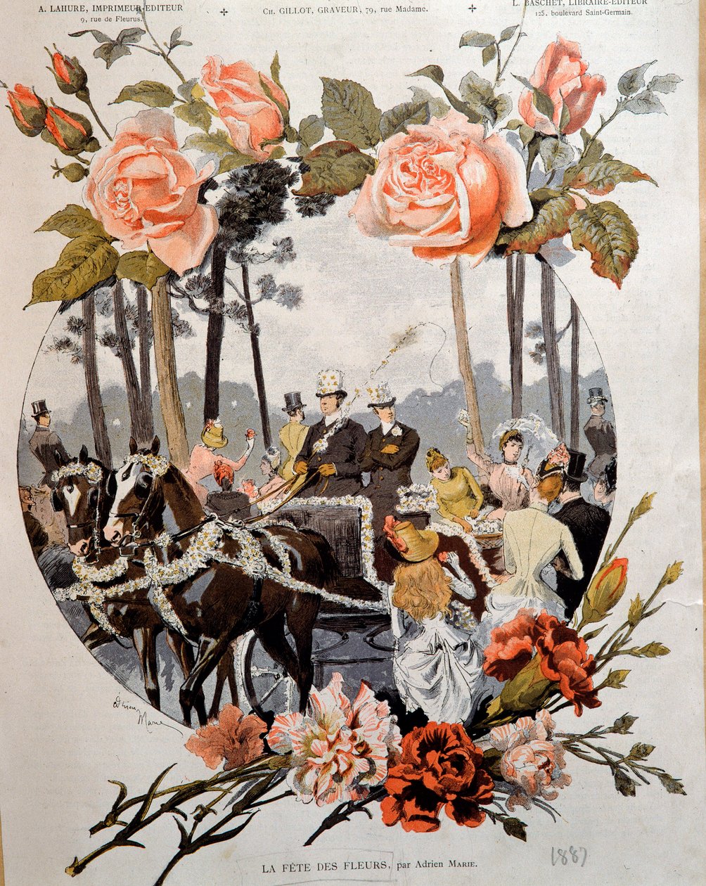 La fete des fleurs Desenho de Adrien Marie (1848-1891) Paris do século XIX, Artes Decorativas de Adrien Emmanuel Marie