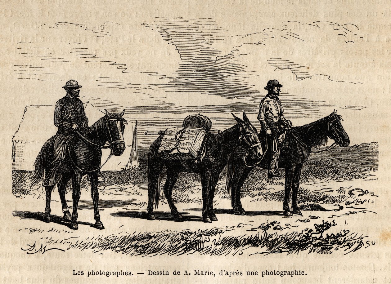 Fotógrafos da missão geológica americana, a cavalo, material cuidadosamente embalado e pronto para uma nova etapa, gravando após o desenho de A.Marie, ilustrando um conjunto de missões geográficas através do Parque Nacional dos Estados Unidos, de 1870 a 18 de Adrien Emmanuel Marie