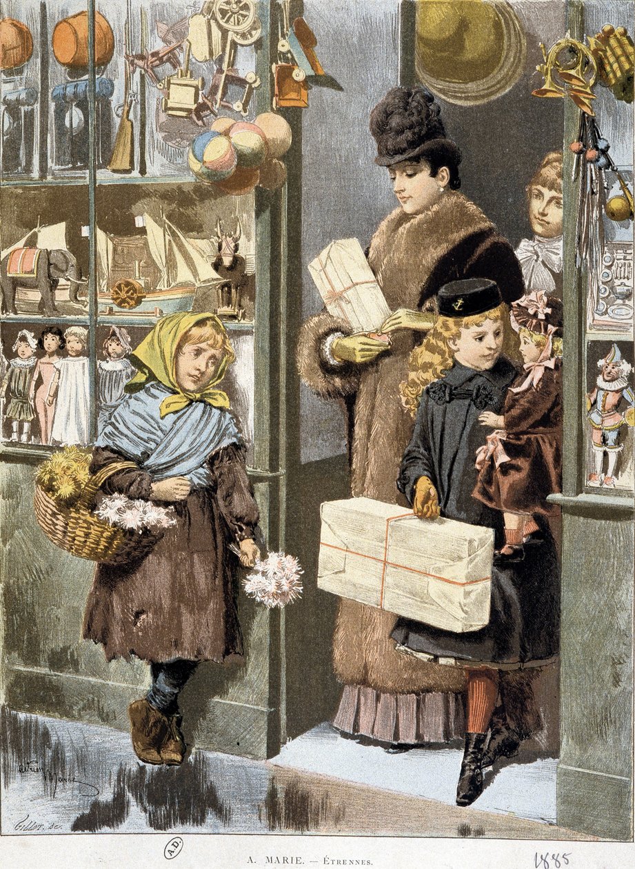 Pobre garota vendendo pequenos buquês na saída de uma loja de brinquedos onde os ricos saem (compras de Natal?) - desenho de Adrien Marie de Adrien Emmanuel Marie