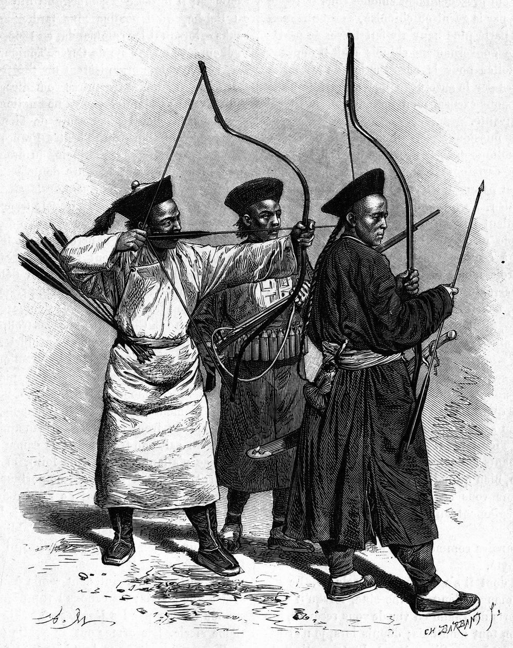 Retratos de três arqueiros chineses em trajes tradicionais, na década de 1870. Gravura de um desenho de Marie, de uma fotografia de Thomson, em "Le Tour du Monde, Nouveau journal des Voyages", editado por Edouard Charton, Paris. de Adrien Emmanuel Marie